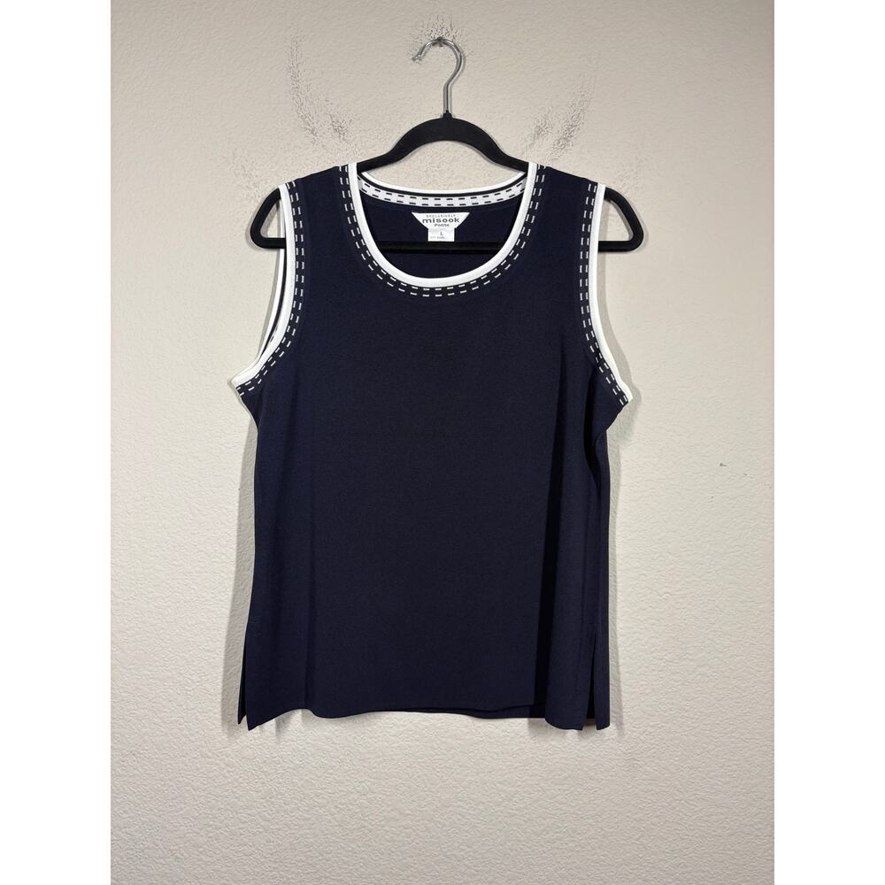 Exclusively Misook Petite Large Knit Tank Top Navy Blue White Sleeveless